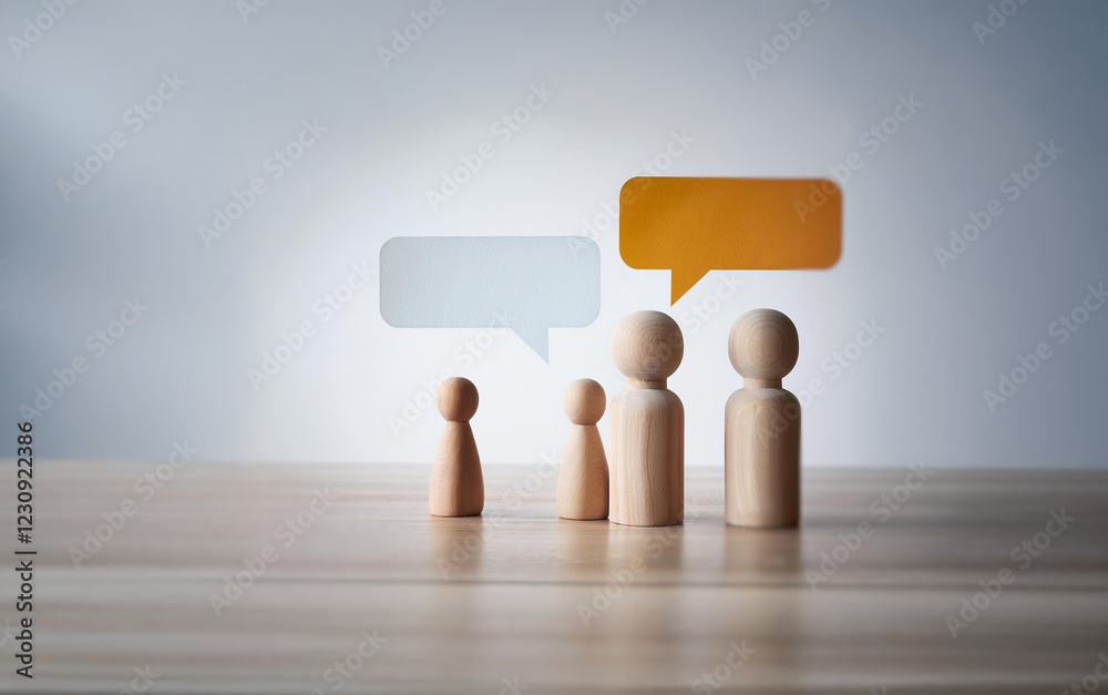Poster four wooden figurines stand on a wooden table with speech bubbles above their heads, two of the spee