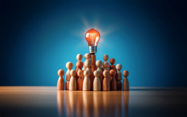 A glowing light bulb sits atop a crowd of wooden figures, symbolizing a new idea emerging from a group of people.