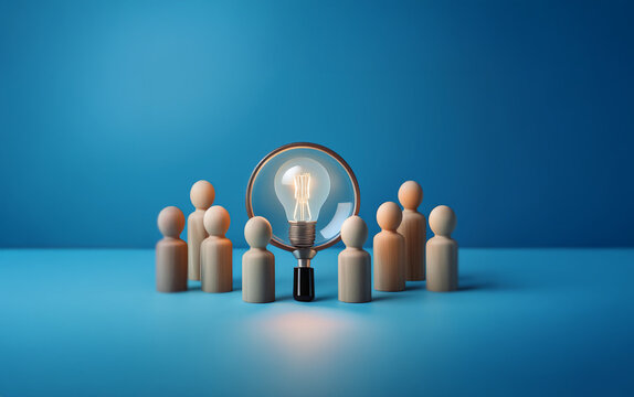 A group of wooden figures surround a lit lightbulb magnified by a magnifying glass, representing the power of collective ideas and the potential for growth.