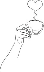 one continuous line illustration of hand holding a cup of coffee with smoke in heart shape 