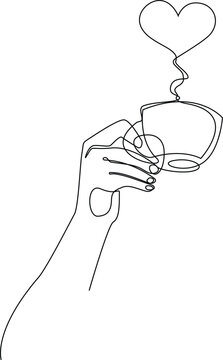 one continuous line illustration of hand holding a cup of coffee with smoke in heart shape 