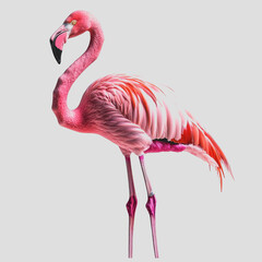 Obraz premium Pink flamingo standing on a white surface against a plain background in a studio setting showcasing its vibrant color and elegant posture