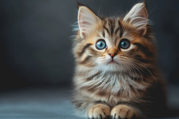 Obraz premium Small kitten with blue eyes sitting on wooden table in bright indoor setting with soft natural light illuminating its fur and surrounding environment