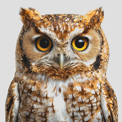 Obraz premium Close up image of a brown and white owl with detailed feathers and expressive eyes perched on a branch in natural habitat