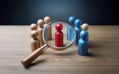 A magnifying glass focuses on a single red figure amongst a group of blue and tan figures, highlighting its importance.