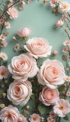 Fototapeta premium Delicate Pink Roses and Blossoms Arranged Elegantly
