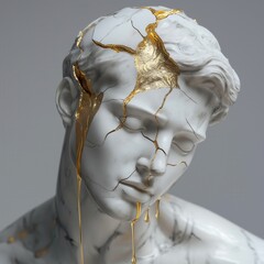 Cracked Marble Statue of a Greek God with Gold Repairs