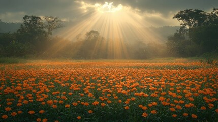 Sunbeams Illuminate a Vast Orange Flower Field