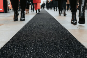 Obraz premium A group of people walking on a black carpet