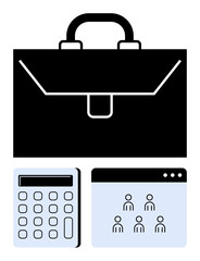 Black briefcase paired with a calculator and online team meeting window. Ideal for business, collaboration, technology, finance, remote work, organization, digital tools. Abstract line flat metaphor