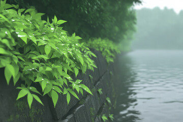A lush green hedge is growing along the side of a river