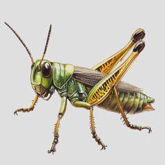 Close-up view of a vibrant green grasshopper insect perched on a leaf in a natural outdoor setting during daylight hours in a garden