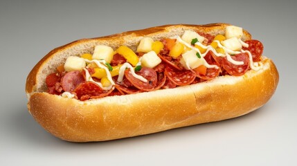 Colorful Loaded Hot Dog with Fresh Toppings and Condiments