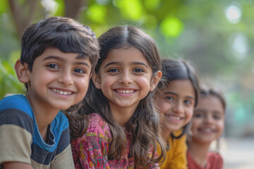 Fototapeta premium Three young children smiling happily for the camera in a bright outdoor setting with green grass and a clear blue sky during a sunny day