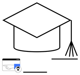 Academic cap with tassel alongside web page and lightbulb icon, symbolizing online learning, innovation, achievement, remote education. Ideal for success, training, study, career skill-building