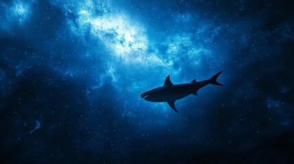 Fototapeta premium Cosmic shark floating in space, surrounded by nebula and stars, 3D illustration
