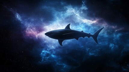Fototapeta premium Cosmic shark floating in space, surrounded by nebula and stars, 3D illustration