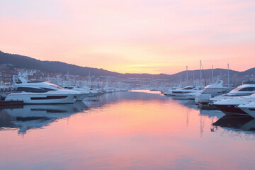 A beautiful sunset over a harbor with many boats docked