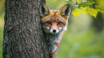 Fototapeta premium Curious Red Fox Peeking from Behind Tree in Lush Green Forest