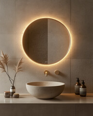 Modern bathroom interior with a round backlit mirror, a stone vessel sink, and minimalist decor in warm neutral tones