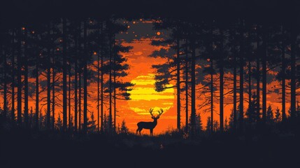 Majestic Deer Silhouette Against a Vibrant Sunset Forest Landscape