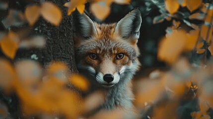 Fototapeta premium Captivating Wild Fox Peering Through Autumn Leaves in Forest