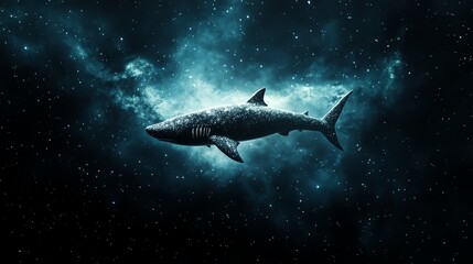 Fototapeta premium Cosmic shark floating in space, surrounded by nebula and stars, 3D illustration