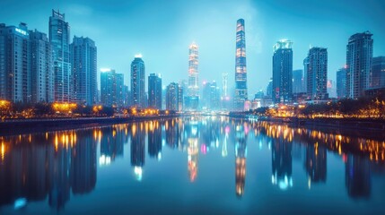 Naklejka premium Vibrant Cityscape Reflection at Dusk with Skyscrapers and Lights