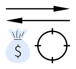 Two black arrows pointing in opposite directions, a blue money bag with a dollar sign, and a black target icon. Ideal for finance, business strategy, investment, marketing, goal setting, direction