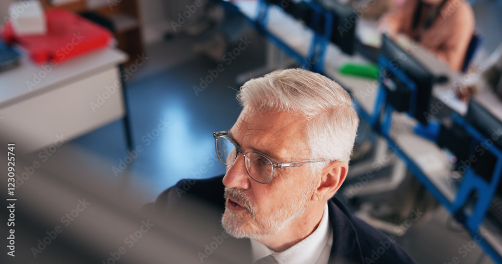 Poster university, lecturer and man in classroom, education and share information with knowledge. mature pe