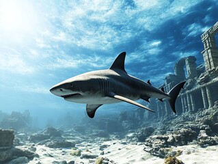 Deepsea shark with ancient ruins in the background, lost civilization, 3D illustration