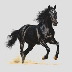 Obraz premium Black horse galloping across sandy terrain under bright sunlight in an outdoor setting capturing natural movement and freedom