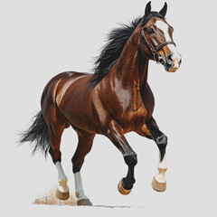 Obraz premium A horse galloping through a snowy landscape with a backdrop of trees and a clear blue sky during winter in a rural setting