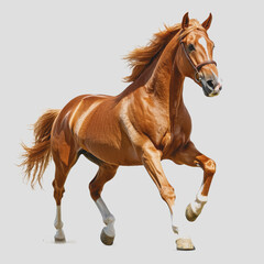 Obraz premium Horse running in mid-air against a blue sky with clouds showcasing the grace and power of equine movement in a dynamic and energetic pose