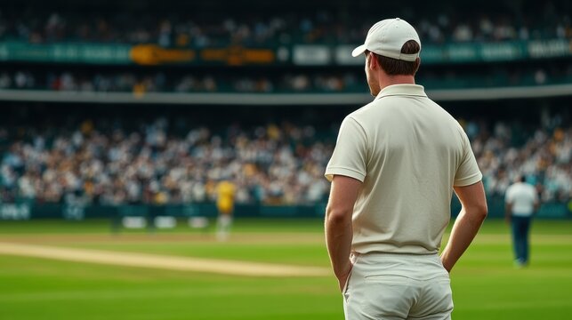 Professional Cricketer Observes Match with Intense Focus at Iconic Cricket Ground