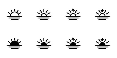 Sunrise, sunset icon set, flat style line and glyph vector illustrations