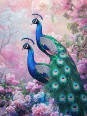 Fototapeta premium Peacocks flowers garden spring romantic artwork
