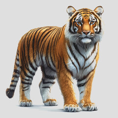 Obraz premium Tiger standing on a white surface showcasing its distinctive stripes and powerful physique in a natural pose highlighting its natural beauty and strength
