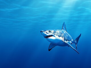 Fototapeta premium Majestic great white shark swimming in deep blue ocean, realistic textures, 3D illustration