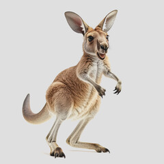 A kangaroo in mid-air jump captured in a natural setting showcasing its powerful legs and agility in an open landscape under a clear blue sky