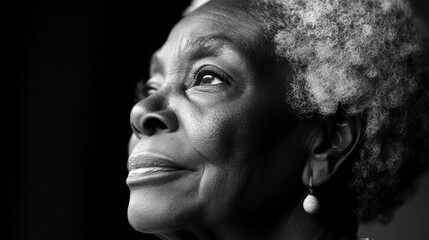 Close Up Black And White Portrait Of An Elderly Woman Looking Upwards