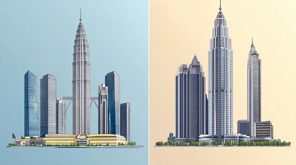 Fototapeta premium Modern Buildings and Petronas Towers Flat Vector Illustration for Architecture Projects