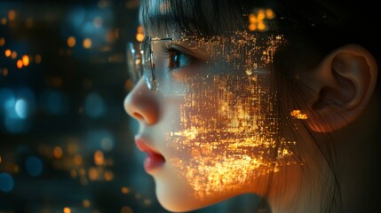 Child's Face with City Lights Overlay at Night