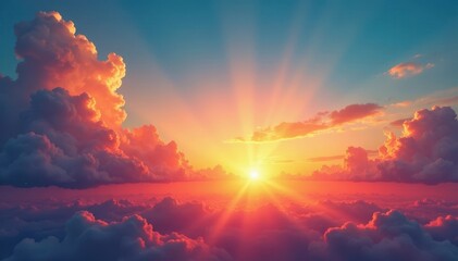 Fototapeta premium Brilliant summer sunset, clouds ablaze with color across a vast sky, vibrant, scene