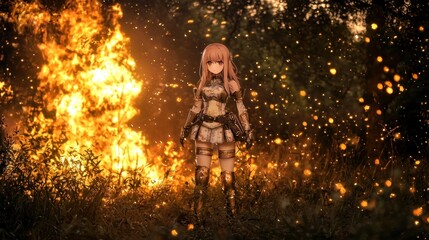 Obraz premium Girl warrior fire fantasy cosplay night