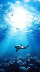 Fototapeta premium Playful baby shark swimming with sea turtles, joyful underwater moment, 3D illustration