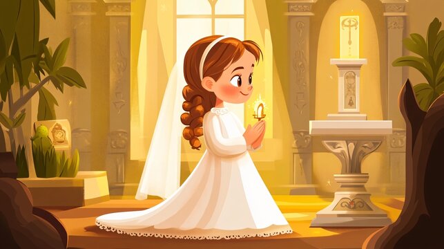 Graceful First Communion Girl Praying Flat Vector Illustration