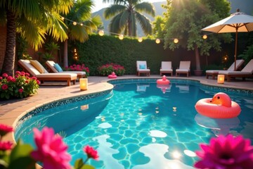 Obraz premium Colorful pool party with floating lanterns and vibrant flowers, pool party, festive atmosphere, outdoor celebration