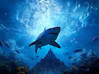 Obraz premium Shark spirit guardian floating over a sacred coral temple, mystical and spiritual, 3D illustration