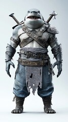 Fototapeta premium Shark wearing battle armor, oceanic warrior fantasy, 3D illustration
